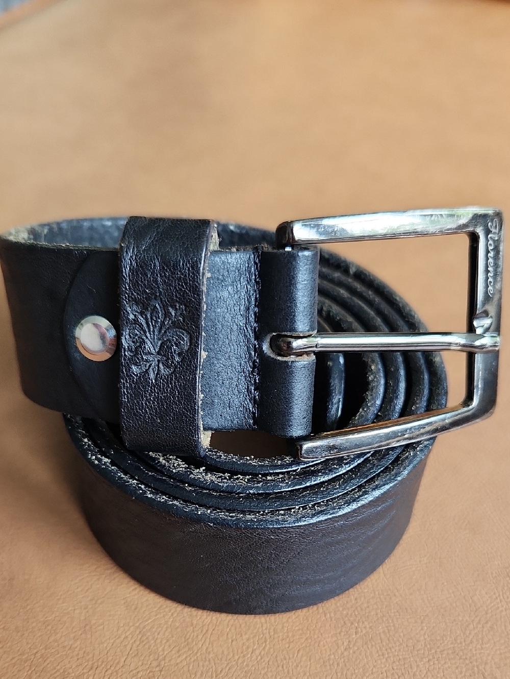FLORENCE Black Leather Belt with Metal Buckle 38 M/L ITALY